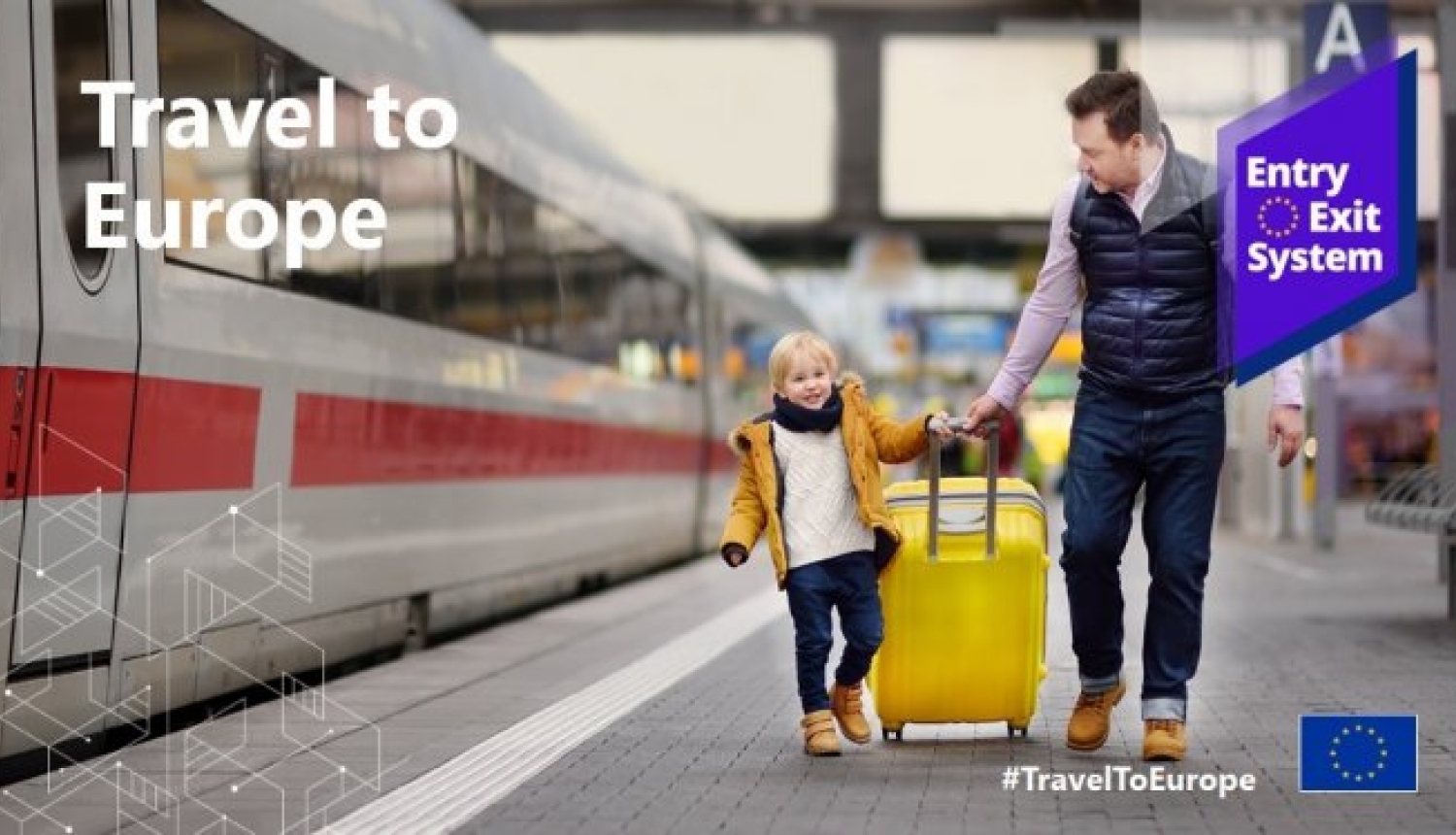 family dragging suitcase